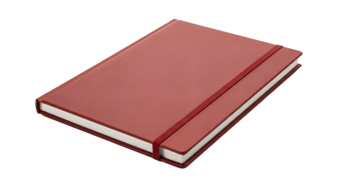 Closeup of a red notebook with an elastic band isolated on transparent background, perfect for jotting down notes, ideas, or sketches in style