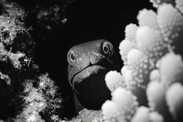A moray eel peeking out from a coral reef as polyps sway nearby