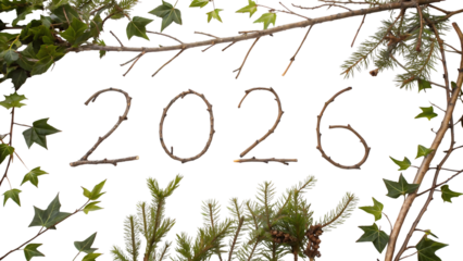 The year 2026 spelled out with twigs and branches isolated on transparent background
