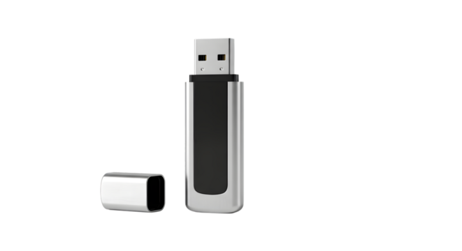 Silver usb flash drive isolated on transparent background, a portable storage device for transferring and backing up digital files