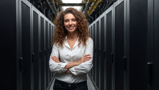 A woman stands confidently in a server room, smiling with crossed arms