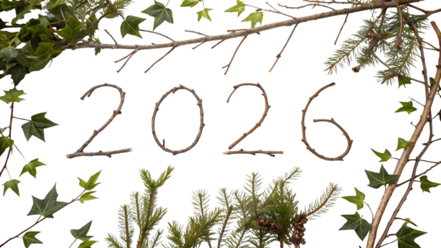 The year 2026 spelled out with twigs and branches isolated on transparent background - Powered by Adobe
