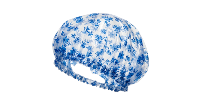 Blue floral shower cap isolated on transparent background, a waterproof head covering for protecting hair during bathing or showering