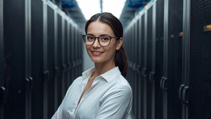 A smiling woman standing confidently in a server room