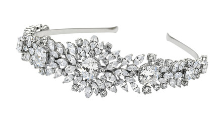 Elegant bridal tiara isolated on transparent background, a stunning headpiece adorned with sparkling crystals, perfect for adding a touch of glamour to any wedding day