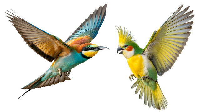 Two colorful birds, a european beeeater and a cockatiel, flying isolated on transparent background