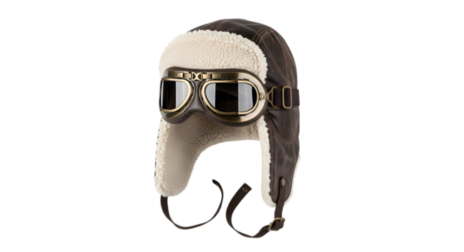 Aviator hat with goggles isolated on transparent background, a classic and stylish accessory reminiscent of early aviation and vintage flight gear