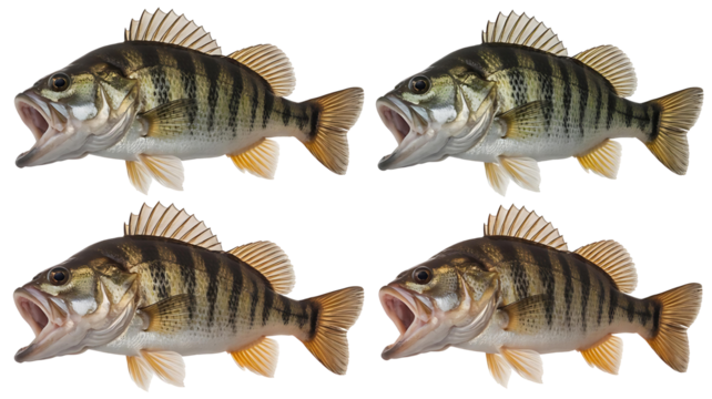 Four smallmouth bass fish isolated on transparent background