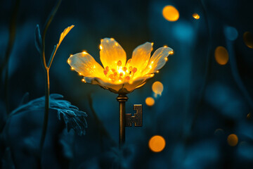 A mysterious key glowing in the center of a luminous flower  