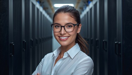A confident female it professional stands in a server room, smiling for the camera. The setting suggests a technology focused environment.
