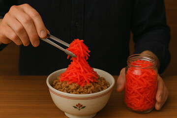 紅生姜を山盛りにかけた牛丼