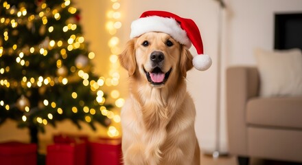 A happy golden retriever dog wearing a red Santa hat sits in front of a beautifully decorated Christmas tree with glowing lights.