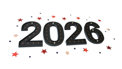Illuminated 2026 sign isolated on transparent background with confetti stars