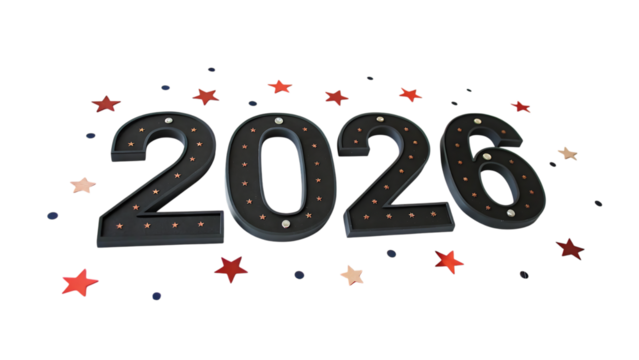 Illuminated 2026 sign isolated on transparent background with confetti stars