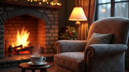 Cozy armchair by a warm fireplace with a steaming cup of coffee
