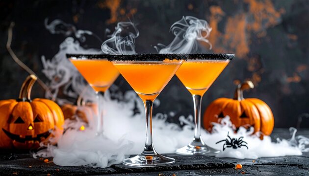Spooky Halloween cocktails with dry ice smoke and carved pumpkins create a festive, chilling atmosphere perfect for parties and celebrations