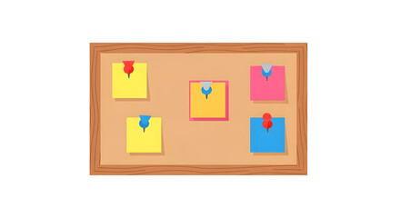 A corkboard with five colorful sticky notes pinned to it.