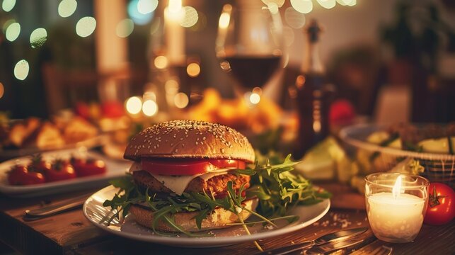 Home Dinner Chicken Burger with Tomato, Cheese and Arugula in Warm Family Gathering Scene