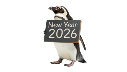 Penguin holding a sign that says new year 2026 isolated on transparent background