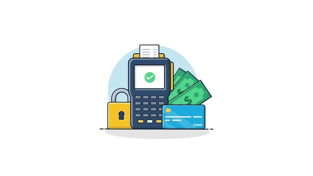 4k Pos Machine with Bank Card and Lock. Secure Payment Concept Animation Video 