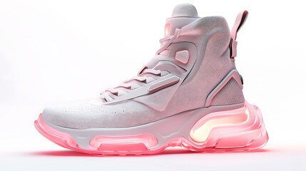 Futuristic high top sneaker with glowing pink sole and textured upper