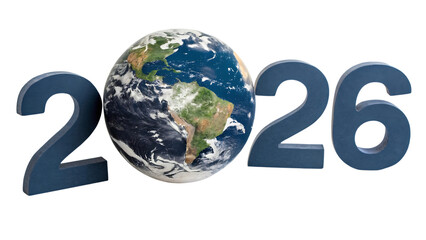 Global 2026 new year concept with earth, isolated on transparent background