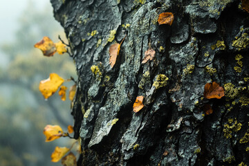 Aged bark covered in autumn mist, giving it mysterious glow