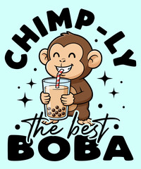 Chimp-ly the Best Boba – cute cartoon monkey drinking bubble tea vector illustration with fun typography and sparkles, perfect for kawaii lovers, t-shirt designs, stickers, and playful merchandise