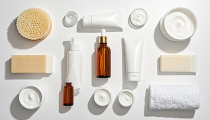 Obraz premium Beauty and wellness flat lay composition featuring skincare and self-care essentials