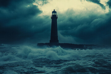 An abandoned lighthouse standing tall against furious storm, waves crashing below