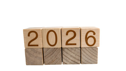Wooden blocks displaying the year 2026 isolated on transparent background