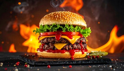 Double beef burger tower with lettuce, tomato, and special sauce dripping.