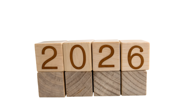 Wooden blocks displaying the year 2026 isolated on transparent background