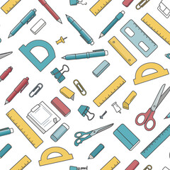 School Supplies Seamless Pattern - Pens, Rulers, Scissors, and Erasers.