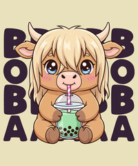 Adorable Highland cow drinking boba tea kawaii vector illustration – cute cartoon animal with bubble tea cup, perfect for funny t-shirt designs, kids apparel, and cute vector merchandise