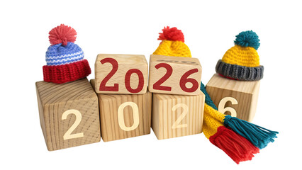 Wooden blocks displaying the year 2026 with winter hats isolated on transparent background