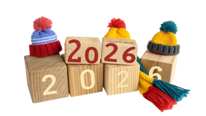 Wooden blocks displaying the year 2026 with winter hats isolated on transparent background