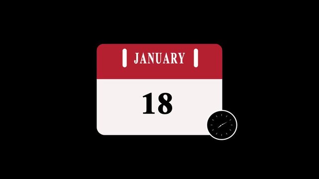 18 January date Calendar Page with Clock countdown animation on black Background. Digital calendar month and date concept design.