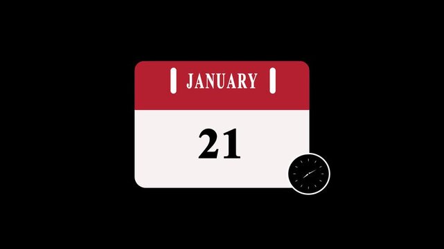 21 January date Calendar Page with Clock countdown animation on black Background. Digital calendar month and date concept design.