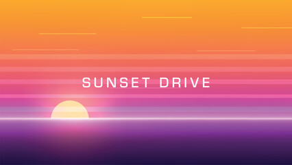Retro sunset horizon with glowing neon lines and warm tones
