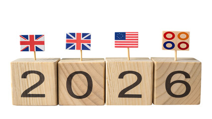 Wooden blocks displaying 2026 with flags isolated on transparent background