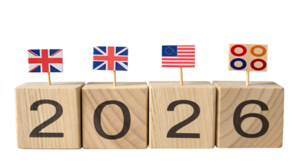 Wooden blocks displaying 2026 with flags isolated on transparent background