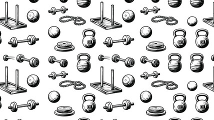 Dynamic fitness equipment pattern featuring kettlebells dumbbells ropes and weight plates perfect for sports gym and workout promotions