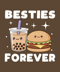 Better Together – cute kawaii boba tea and taco illustration with smiling faces, adorable pastel style art perfect for funny friendship designs, food lovers, and kawaii t-shirt graphics