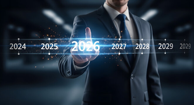 Businessman s hand touching the year 2026 on a futuristic digital display showing future years and glowing data points