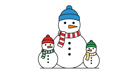 Simple illustration of a snowman family with hats and scarves