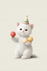 Cute cat celebrates with colorful party hat and playful balls in a joyful indoor setting. National Ding-A-Ling Day