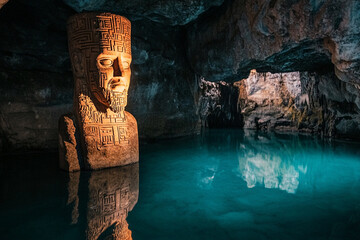 An ancient statue glowing with runes at the heart of an underground lake