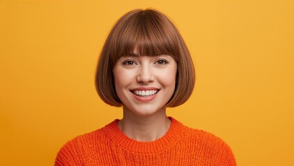 A woman with a charming smile and confident look in a orange top and orange background