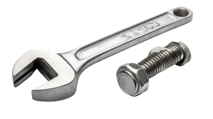 Adjustable wrench and bolt isolated on transparent background, a tool for tightening or loosening fasteners